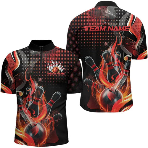Custom Black And Red Flame Bowling Quarter-Zip Shirts For Men, Fire Bowling League Shirt IPHW8240