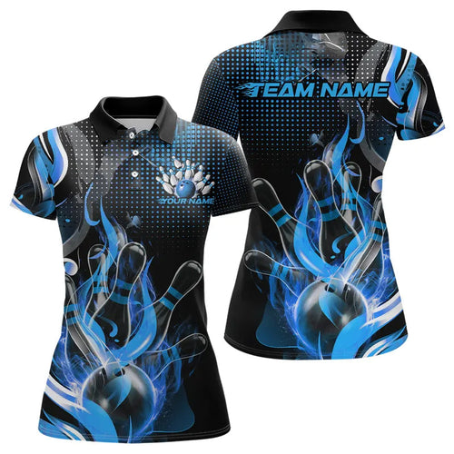 Custom Black And Blue Flame Bowling Polo Shirts For Women, Fire Bowling League Shirt IPHW8241