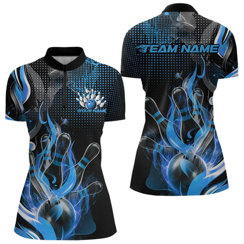Custom Black And Blue Flame Bowling Quarter-Zip Shirts For Women, Fire Bowling League Shirt IPHW8241