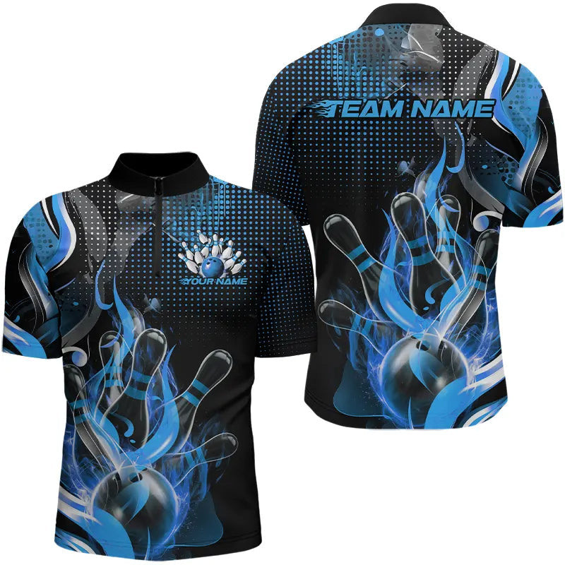 Custom Black And Blue Flame Bowling Quarter-Zip Shirts For Men, Fire Bowling League Shirt IPHW8241