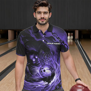 Custom Black And Purple Flame Skeleton Bowling Polo Shirts For Men, Skull Bowling Team Shirt IPHW8470