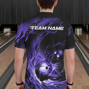 Custom Black And Purple Flame Skeleton Bowling Polo Shirts For Men, Skull Bowling Team Shirt IPHW8470