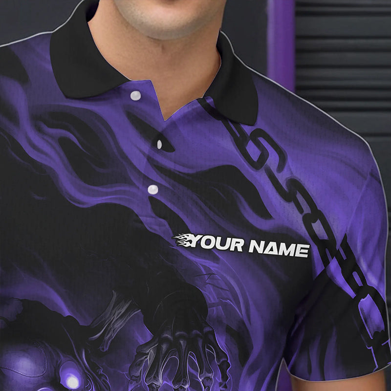 Custom Black And Purple Flame Skeleton Bowling Polo Shirts For Men, Skull Bowling Team Shirt IPHW8470
