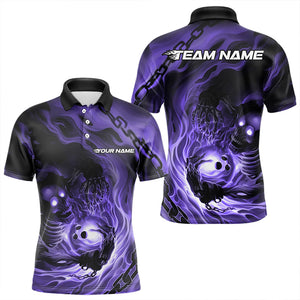 Custom Black And Purple Flame Skeleton Bowling Polo Shirts For Men, Skull Bowling Team Shirt IPHW8470