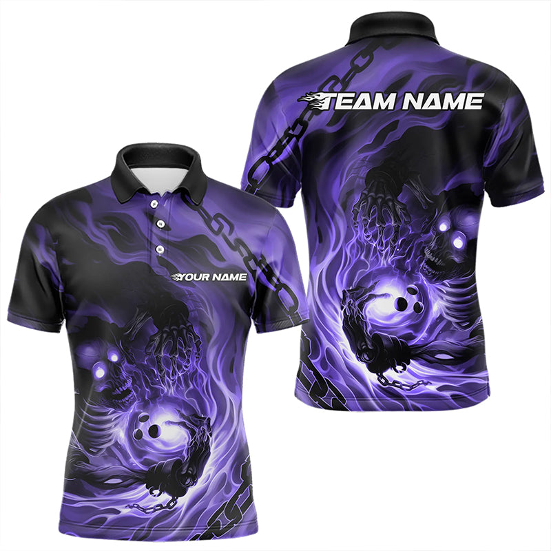 Custom Black And Purple Flame Skeleton Bowling Polo Shirts For Men, Skull Bowling Team Shirt IPHW8470