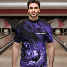 Load image into Gallery viewer, Custom Black And Purple Flame Skeleton Bowling Quarter-Zip Shirts For Men, Skull Bowling Team Shirt IPHW8470