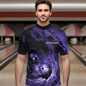 Custom Black And Purple Flame Skeleton Bowling Quarter-Zip Shirts For Men, Skull Bowling Team Shirt IPHW8470