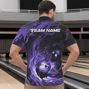 Custom Black And Purple Flame Skeleton Bowling Quarter-Zip Shirts For Men, Skull Bowling Team Shirt IPHW8470