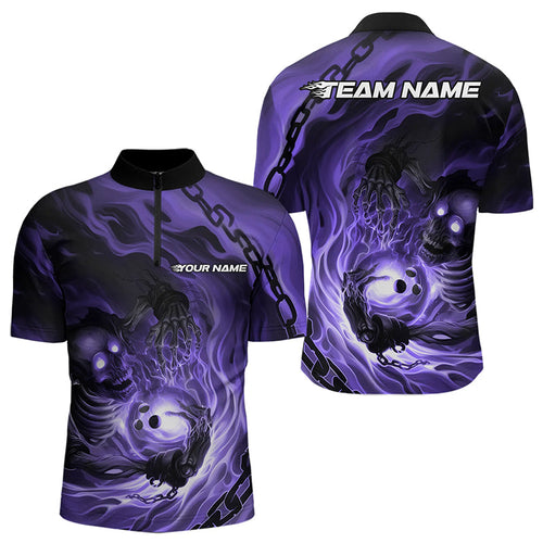 Custom Black And Purple Flame Skeleton Bowling Quarter-Zip Shirts For Men, Skull Bowling Team Shirt IPHW8470