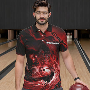 Custom Black And Red Flame Skeleton Bowling Polo Shirts For Men, Skull Bowling Team Shirt IPHW8471