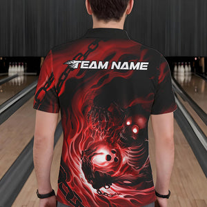 Custom Black And Red Flame Skeleton Bowling Polo Shirts For Men, Skull Bowling Team Shirt IPHW8471