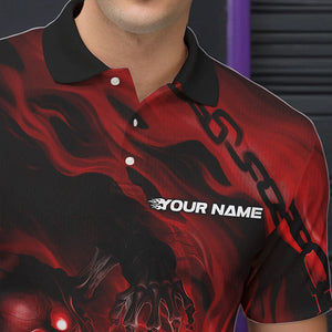 Custom Black And Red Flame Skeleton Bowling Polo Shirts For Men, Skull Bowling Team Shirt IPHW8471