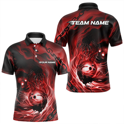 Custom Black And Red Flame Skeleton Bowling Polo Shirts For Men, Skull Bowling Team Shirt IPHW8471