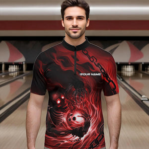 Custom Black And Red Flame Skeleton Bowling Quarter-Zip Shirts For Men, Skull Bowling Team Shirt IPHW8471