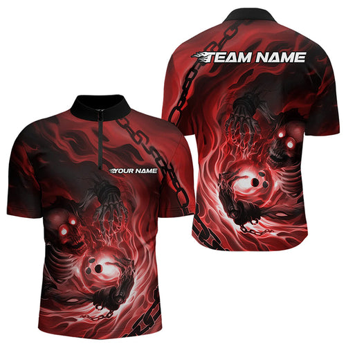 Custom Black And Red Flame Skeleton Bowling Quarter-Zip Shirts For Men, Skull Bowling Team Shirt IPHW8471