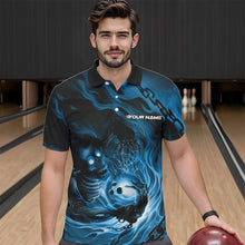 Load image into Gallery viewer, Custom Black And Blue Flame Skeleton Bowling Polo Shirts For Men, Skull Bowling Team Shirt IPHW8472