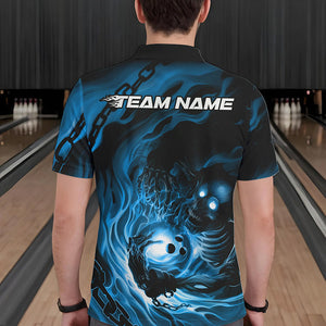 Custom Black And Blue Flame Skeleton Bowling Polo Shirts For Men, Skull Bowling Team Shirt IPHW8472