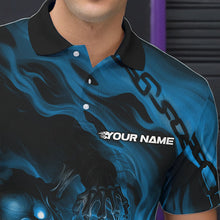 Load image into Gallery viewer, Custom Black And Blue Flame Skeleton Bowling Polo Shirts For Men, Skull Bowling Team Shirt IPHW8472