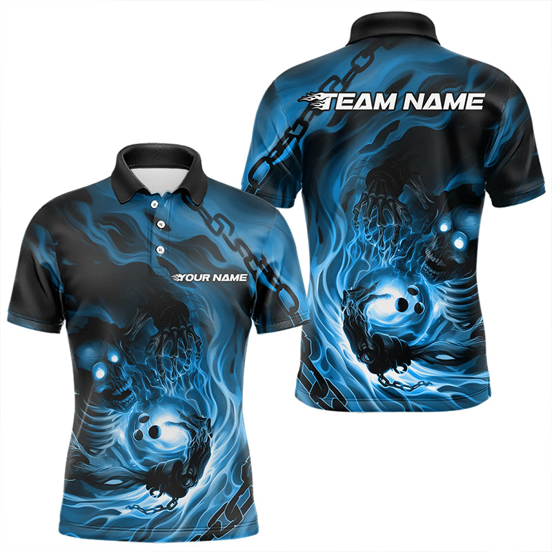 Custom Black And Blue Flame Skeleton Bowling Polo Shirts For Men, Skull Bowling Team Shirt IPHW8472