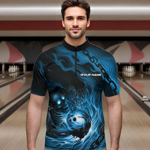 Custom Black And Blue Flame Skeleton Bowling Quarter-Zip Shirts For Men, Skull Bowling Team Shirt IPHW8472