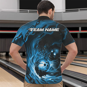 Custom Black And Blue Flame Skeleton Bowling Quarter-Zip Shirts For Men, Skull Bowling Team Shirt IPHW8472