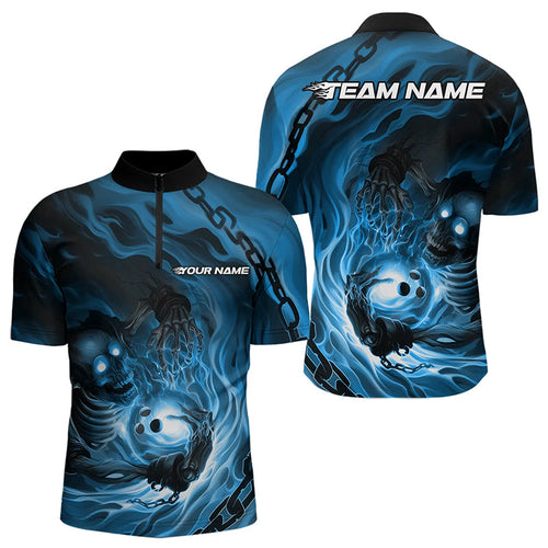 Custom Black And Blue Flame Skeleton Bowling Quarter-Zip Shirts For Men, Skull Bowling Team Shirt IPHW8472