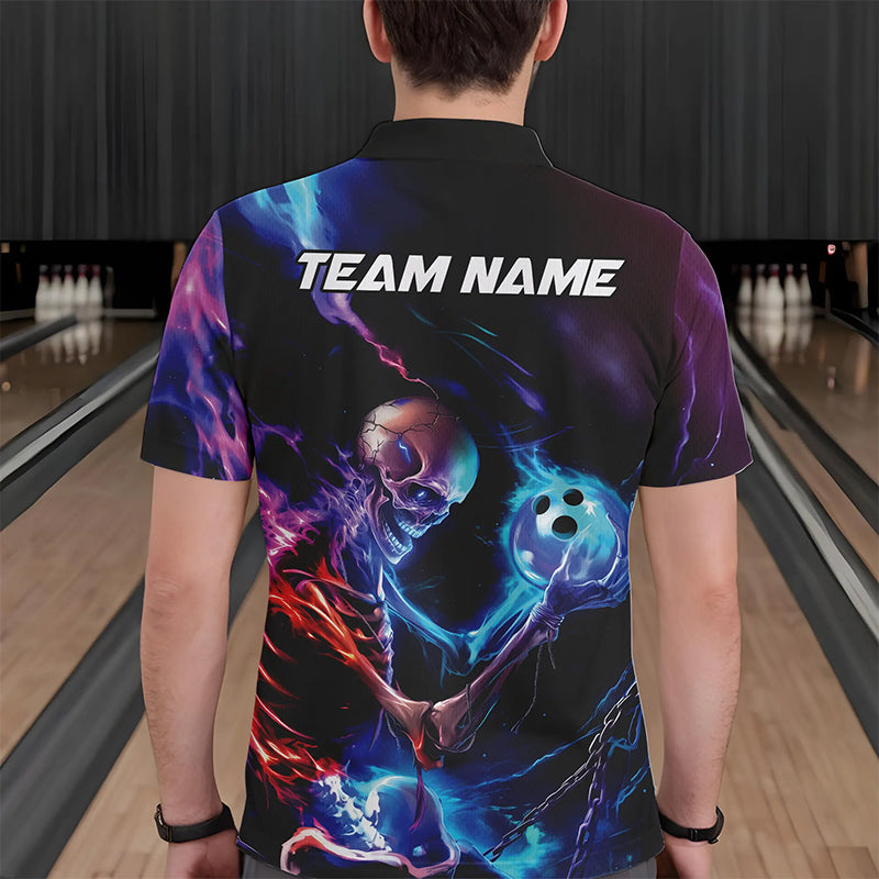Custom Blue And Purple Flame Skull Bowling Polo Shirts For Men, Fire Bowling Team Shirts IPHW8474