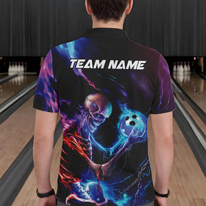 Custom Blue And Purple Flame Skull Bowling Polo Shirts For Men, Fire Bowling Team Shirts IPHW8474