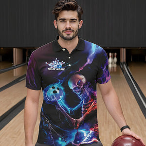 Custom Blue And Purple Flame Skull Bowling Polo Shirts For Men, Fire Bowling Team Shirts IPHW8474