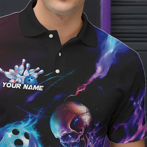 Custom Blue And Purple Flame Skull Bowling Polo Shirts For Men, Fire Bowling Team Shirts IPHW8474