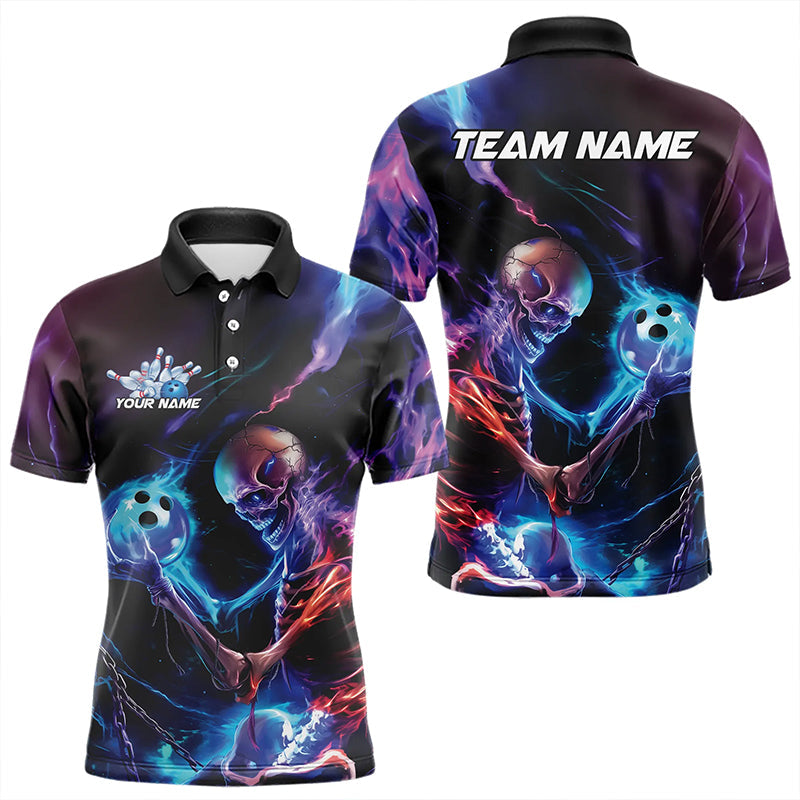 Custom Blue And Purple Flame Skull Bowling Polo Shirts For Men, Fire Bowling Team Shirts IPHW8474