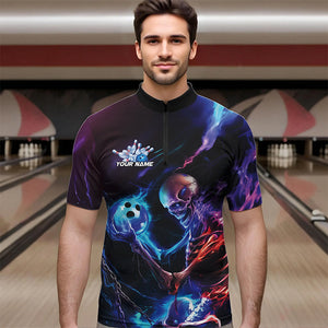 Custom Blue And Purple Flame Skull Bowling Quarter-Zip Shirts For Men, Fire Bowling Team Shirts IPHW8474