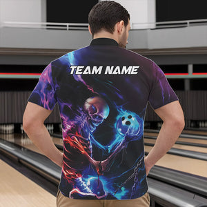 Custom Blue And Purple Flame Skull Bowling Quarter-Zip Shirts For Men, Fire Bowling Team Shirts IPHW8474