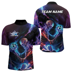 Custom Blue And Purple Flame Skull Bowling Quarter-Zip Shirts For Men, Fire Bowling Team Shirts IPHW8474