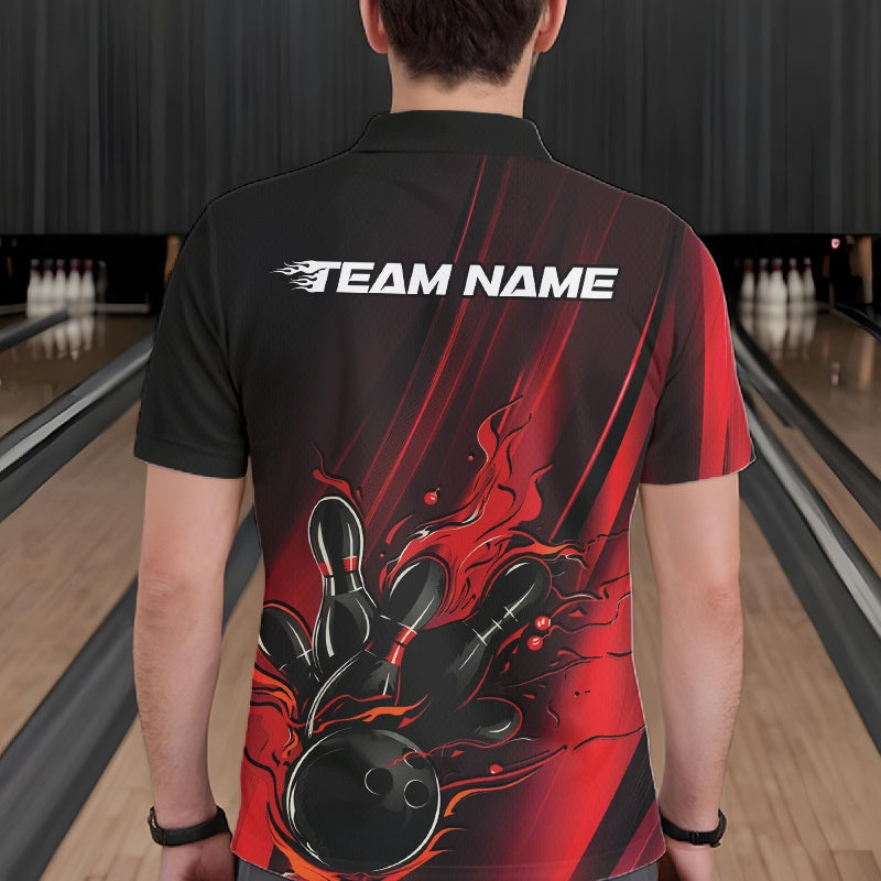 Custom Black And Red Gradient Flame Bowling Team Jerseys, Fire Bowling Shirt For Men IPHW10570