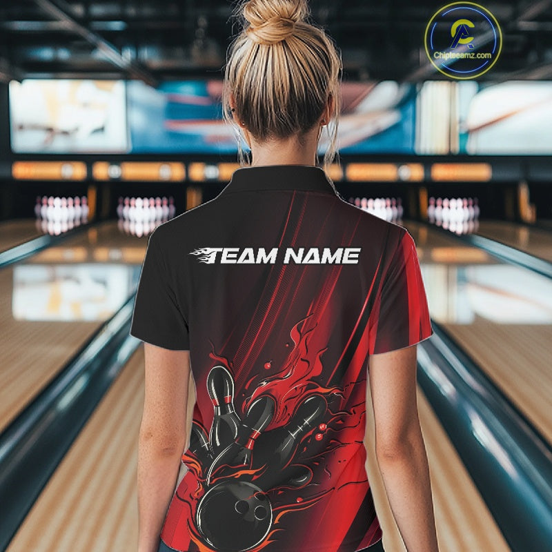 Custom Black And Red Gradient Flame Bowling Team Jerseys, Fire Bowling Shirt For Women IPHW10570