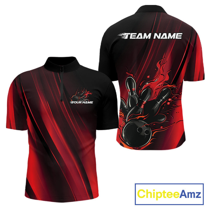 Custom Black And Red Gradient Flame Bowling Team Jerseys, Fire Bowling Shirt For Men IPHW10570