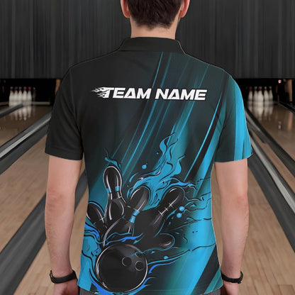 Custom Black And Blue Gradient Flame Bowling Team Jerseys, Fire Bowling Shirt For Men IPHW10571
