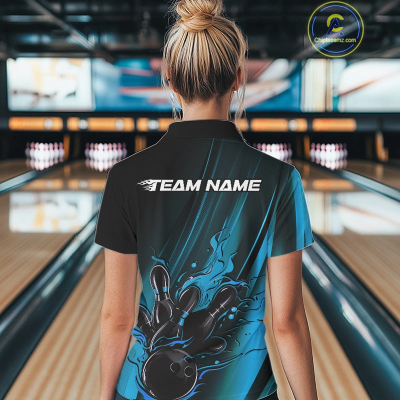Custom Black And Blue Gradient Flame Bowling Team Jerseys, Fire Bowling Shirt For Women IPHW10571