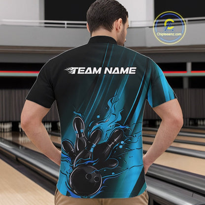 Custom Black And Blue Gradient Flame Bowling Team Jerseys, Fire Bowling Shirt For Men IPHW10571