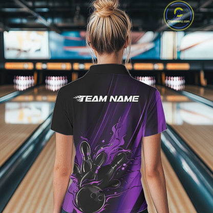 Custom Black And Purple Gradient Flame Bowling Team Jerseys, Fire Bowling Shirt For Women IPHW10572