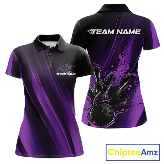 Custom Black And Purple Gradient Flame Bowling Team Jerseys, Fire Bowling Shirt For Women IPHW10572