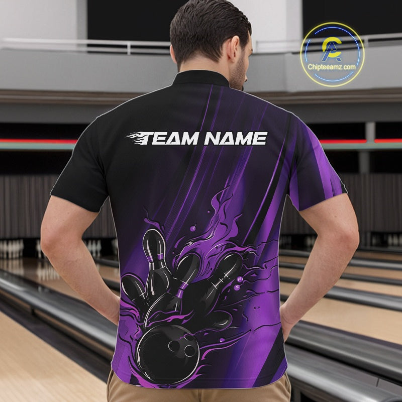 Custom Black And Purple Gradient Flame Bowling Team Jerseys, Fire Bowling Shirt For Men IPHW10572