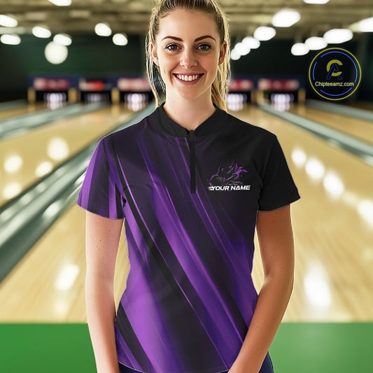 Custom Black And Purple Gradient Flame Bowling Team Jersey, Fire Bowling Shirt For Women IPHW10572