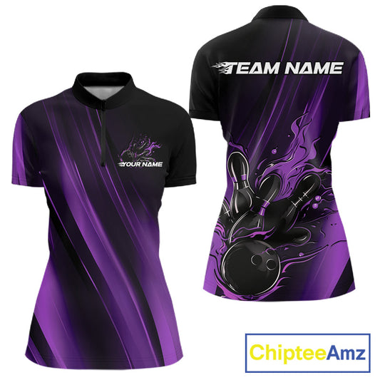 Custom Black And Purple Gradient Flame Bowling Team Jersey, Fire Bowling Shirt For Women IPHW10572