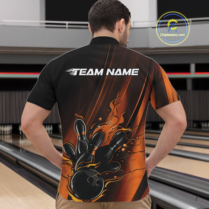 Custom Gold And Orange Gradient Flame Bowling Team Jerseys, Fire Bowling Shirt For Men IPHW10573