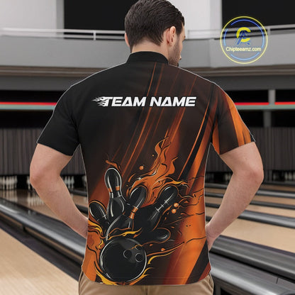 Custom Gold And Orange Gradient Flame Bowling Team Jerseys, Fire Bowling Shirt For Men IPHW10573