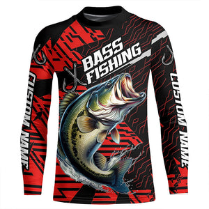 Black And Red Custom Bass Fishing Jerseys, Largemouth Bass Long Sleeve Tournament Fishing Shirts IPHW6198