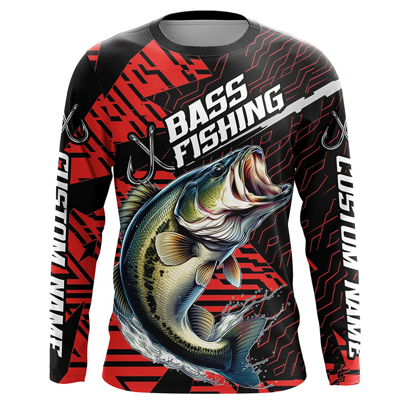 Black And Red Custom Bass Fishing Jerseys, Largemouth Bass Long Sleeve Tournament Fishing Shirts IPHW6198