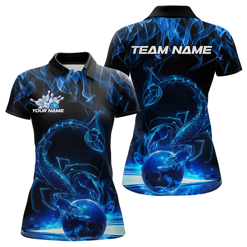 Custom Black Blue Flame Scorpio Zodiac Bowling Women Polo Shirt, Scorpion Bowling Team IPHW8969
